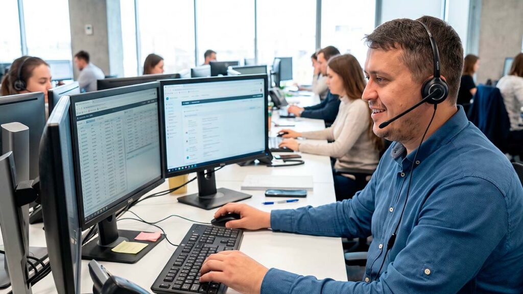 Евгений Зайферт за работой в офисе колл-центра среди коллег