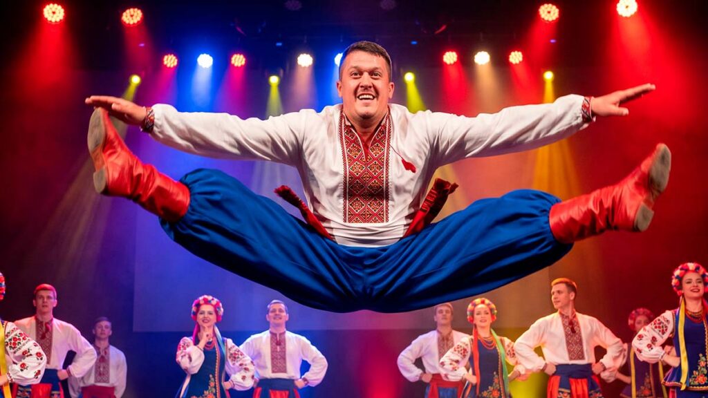 Евгений Зайферт исполняет прыжок в украинском народном танце гопак